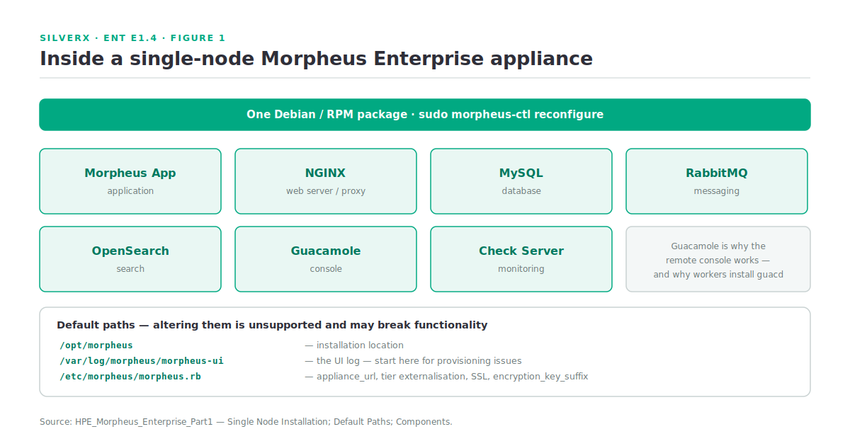 What a single-node Morpheus Enterprise appliance host actually contains: the Morpheus app, NGINX, MySQL, RabbitMQ, OpenSearch, Guacamole and the check server, with default paths